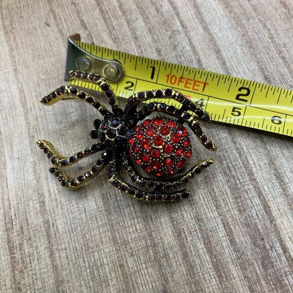 Spider Insect Black Red Rhinestone Gold Tone Brooch Pendant - Picture 8 of 8